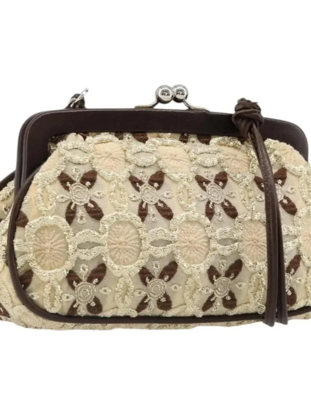 PRADA Coin Purse Shoulder Pouch Canvas Beige Silver Auth 185760SAV